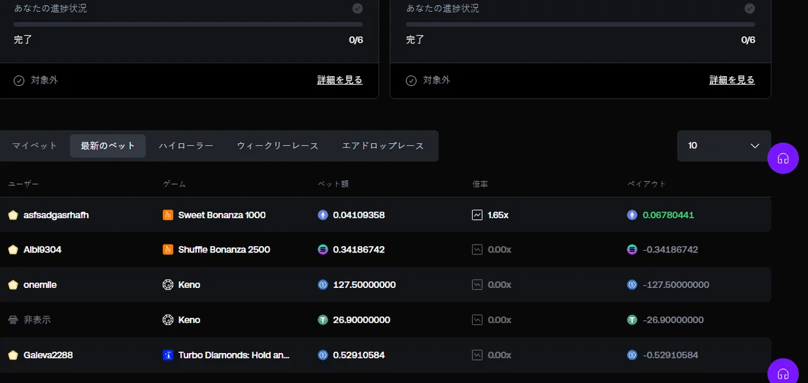 最新のベットとウィークリーレースのタブ